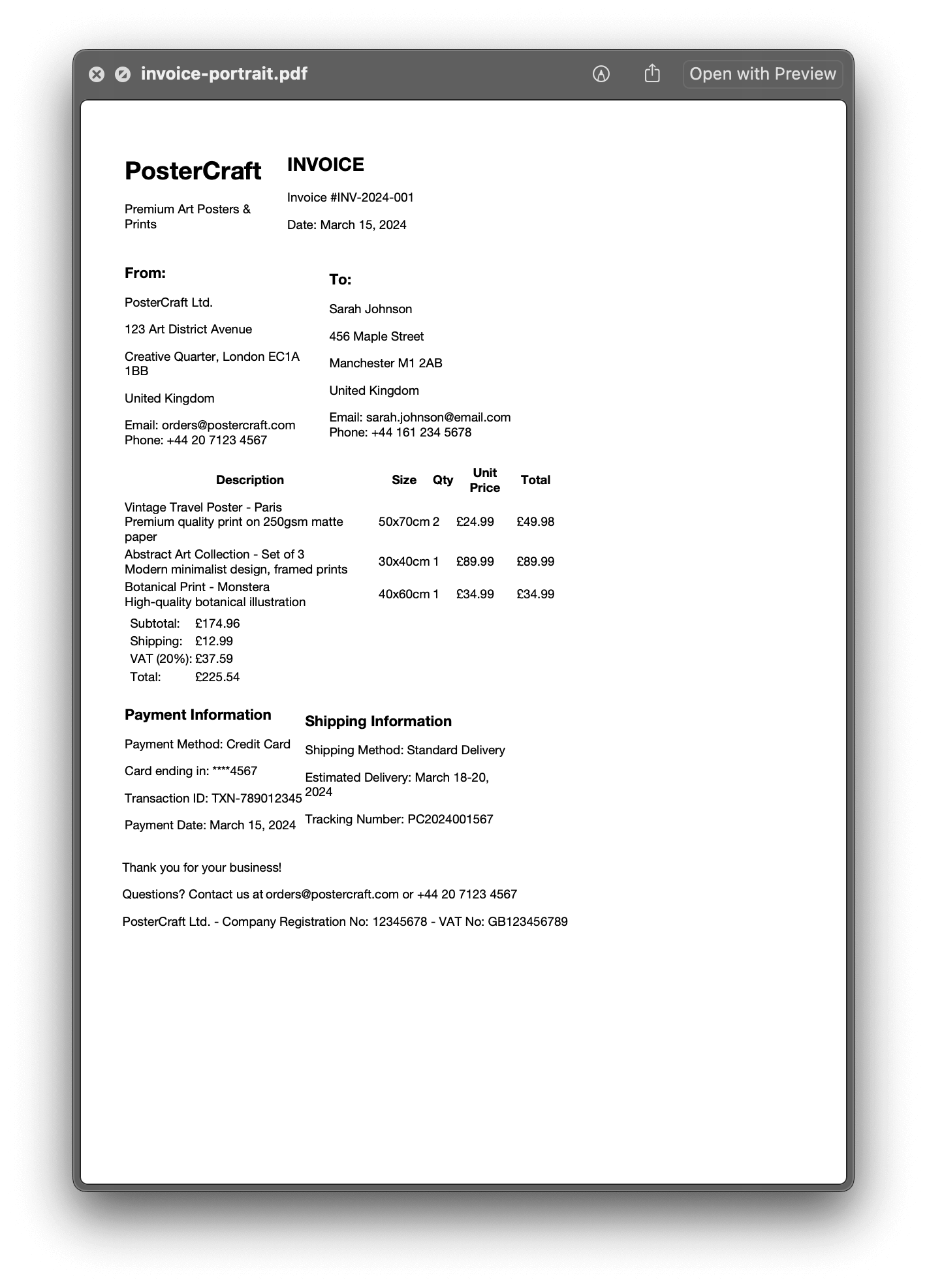 Portrait invoice PDF preview